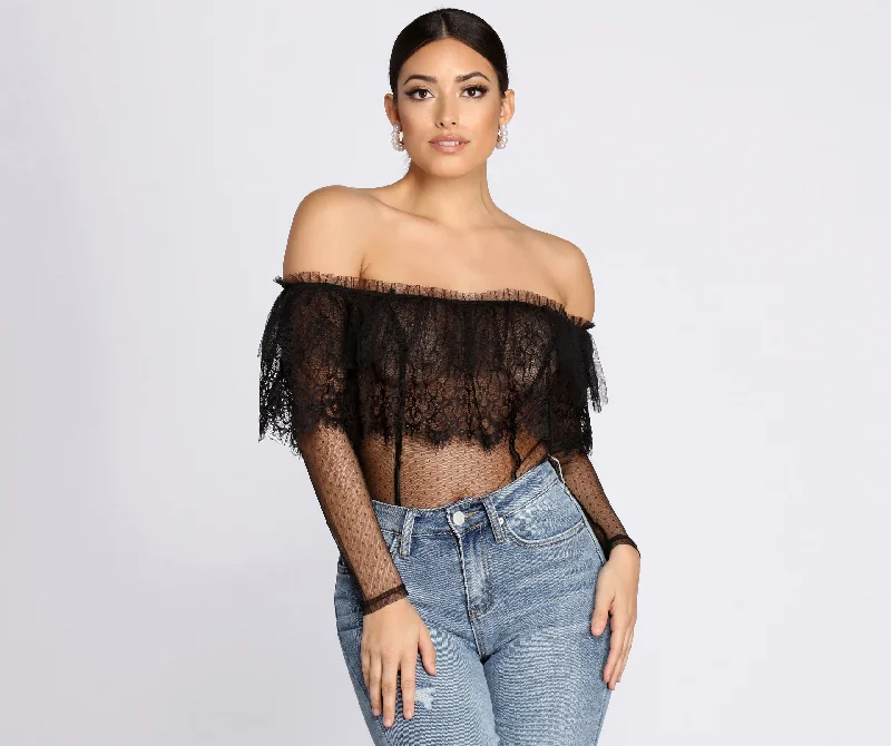 Tight off-shoulder sweater for women with cozy fabric and trendy style-Chic Sheer Lace Bodysuit