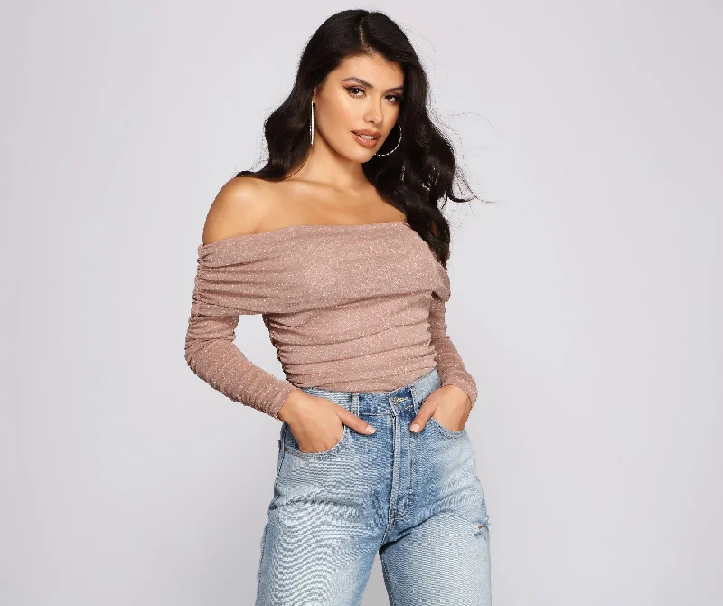 Tight long-sleeve crop top for women with stylish cut and casual flair-Shimmer Goals Shirred Bodysuit