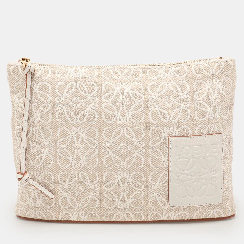 Handle bags with quilted leather for luxury -Loewe X Paula's Ibiza Beige/white Canvas And Leather Anagram Pouch Clutch