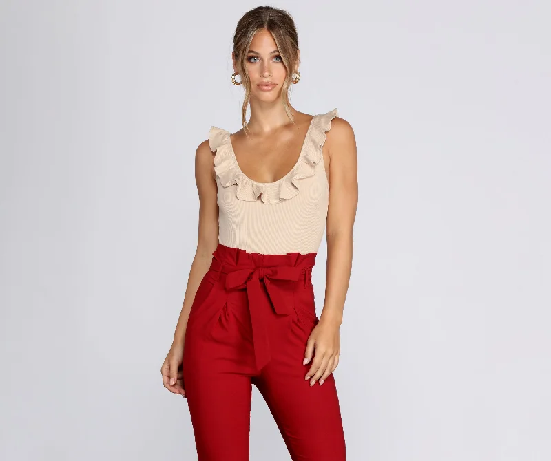 Loose-fitting tight top for women with flowing style and casual elegance-Ruffle Trim Ribbed Bodysuit