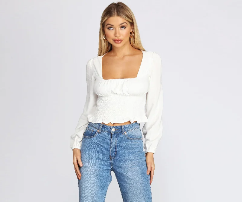 Casual Shirts for Everyday -Smocked Waist Cropped Blouse