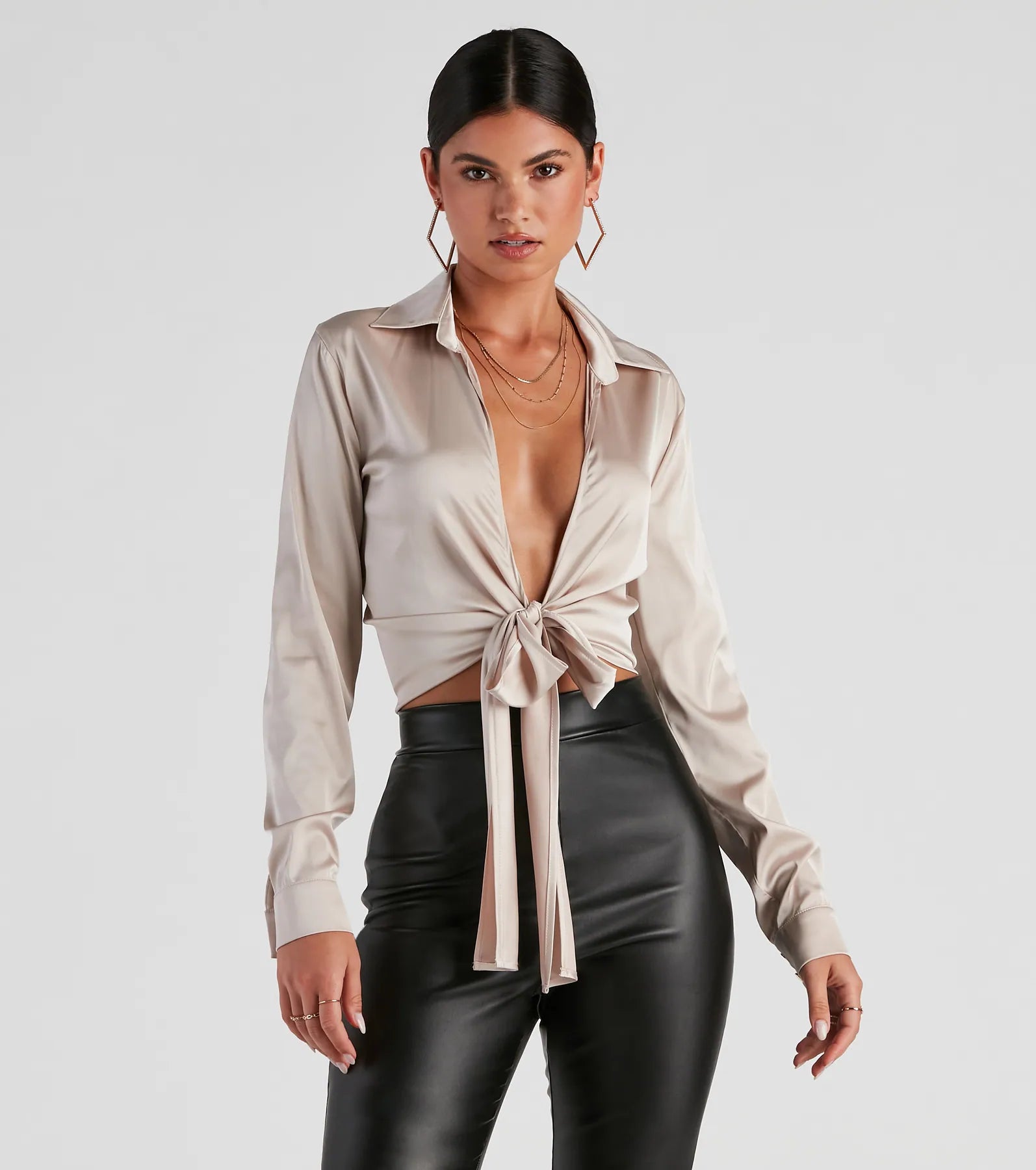 Tunic Blouses for Oversized -So Sleek Satin Tie-Front Blouse