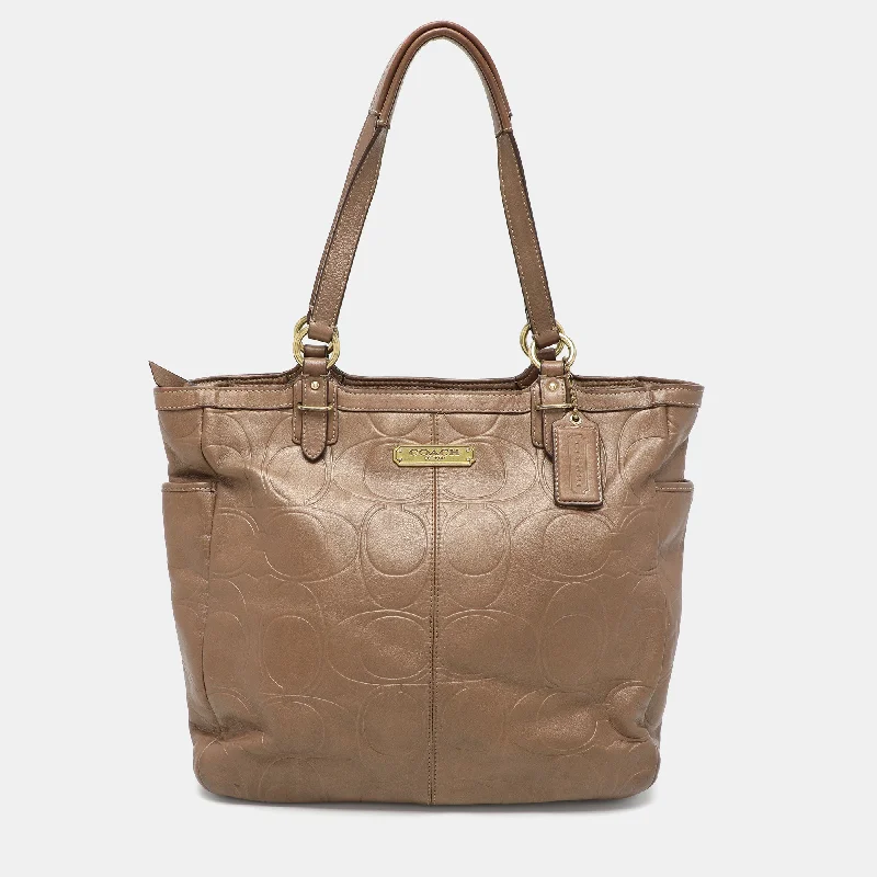 Handle bags with waterproof lining for protection -Coach Brown Embossed Leather South Tote