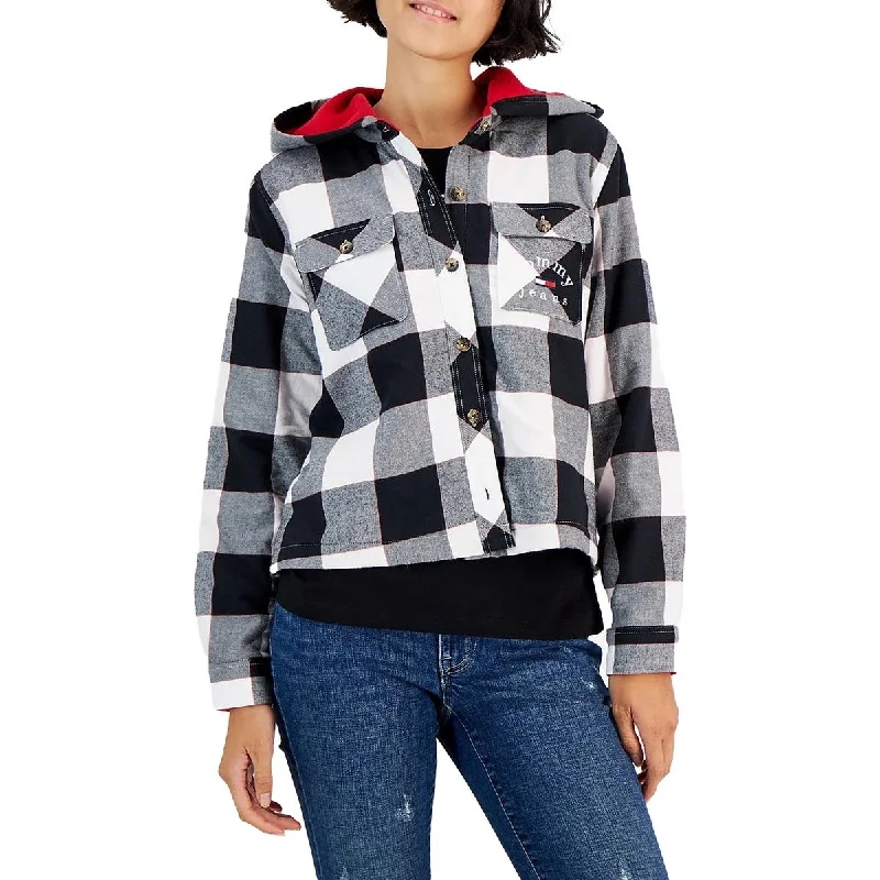 Pleated Blouses for Texture -Tommy Jeans Womens Plaid Hooded Shirt Jacket