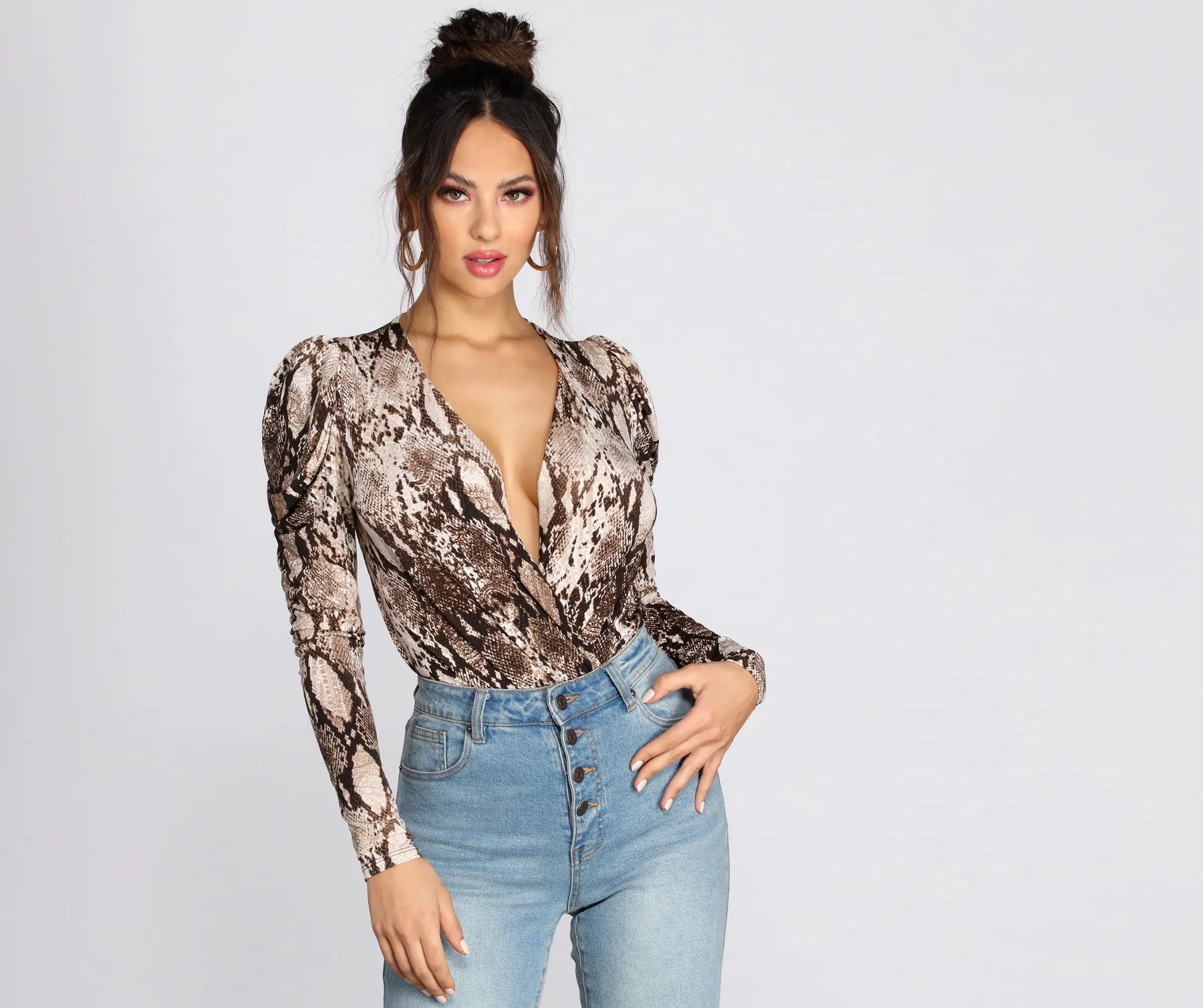 Trendy tight top for women with asymmetrical design and modern appeal-Puff Sleeve Snake Print Bodysuit