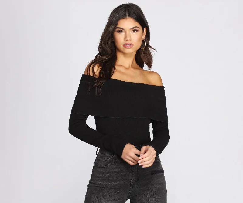 Lace-tight top for women with intricate lace details and feminine style-Off The Shoulder Fitted Knit Bodysuit