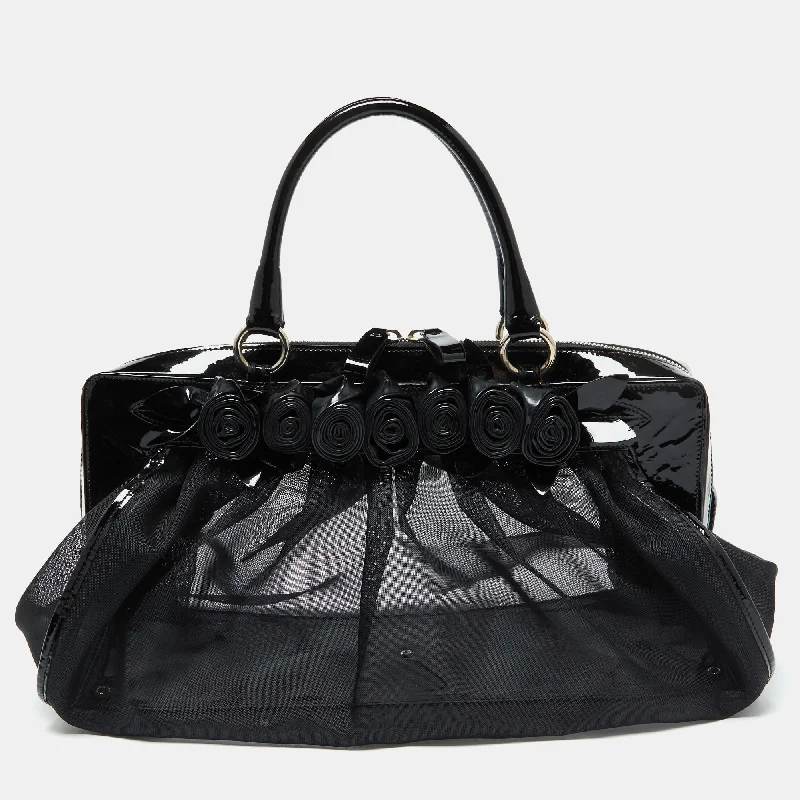 Handle bags with modern logos for branding -Valentino Black Mesh And Patent Leather Petale Rose Dome Satchel