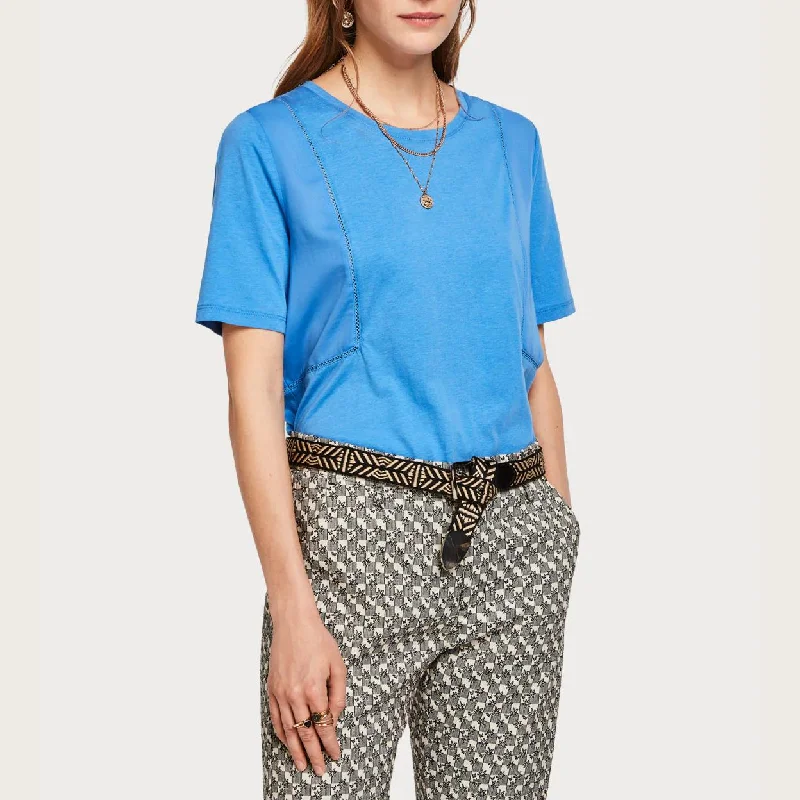 White Blouses for Pure Look -Mixed Woven and Jersey T-Shirt (Blue)