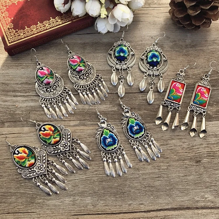 Studded Drop Earrings with Gemstones -Wholesale Chinese Retro Alloy Earrings