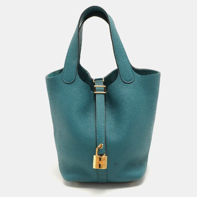 Handle bags with lightweight fabric for ease -Hermes Vert Bosphore Taurillon Clemence Leather Picotin Lock 18 Bag