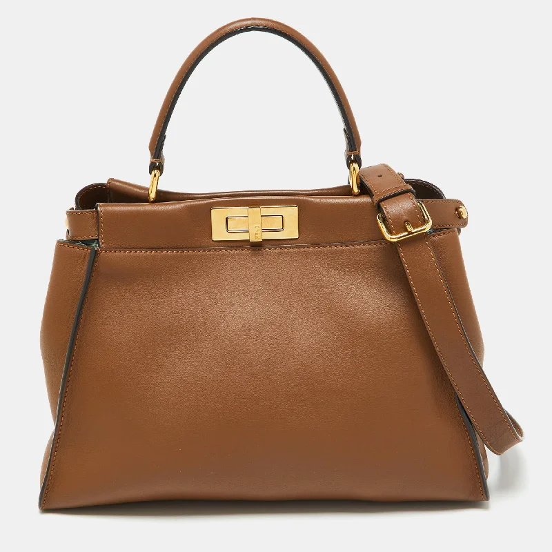 Handle bags with tropical leaves for summer -Fendi Brown Leather Medium Peekaboo Top Handle Bag