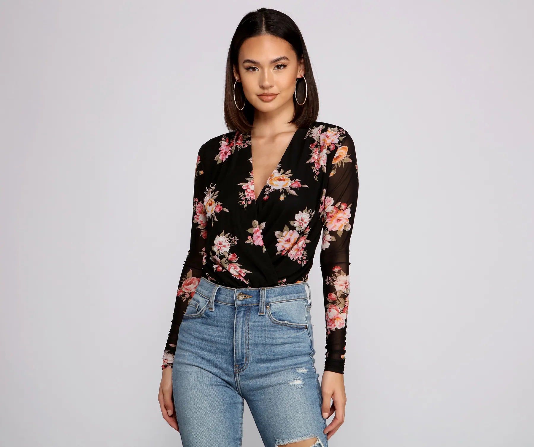 Sexy crop top tight fit for women with daring cut and modern style-Flirty Floral Mesh Bodysuit