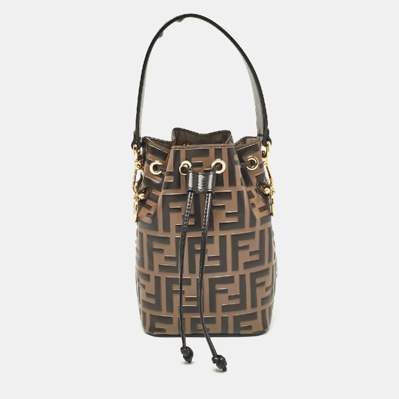 Handle bags with compact designs for portability -Fendi Brown/black Zucca Leather Mini Mon Tresor Drawstring Bucket Bag