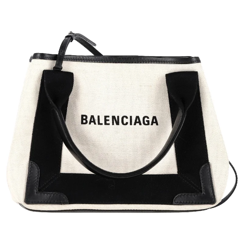 Handle bags with floral prints for spring -Balenciaga Navy XS Cabas Tote Bag in Ecru Canvas