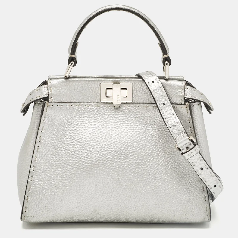 Handle bags with denim fabric for casual -Fendi Silver Selleria Leather Mini Peekaboo Top Handle Bag