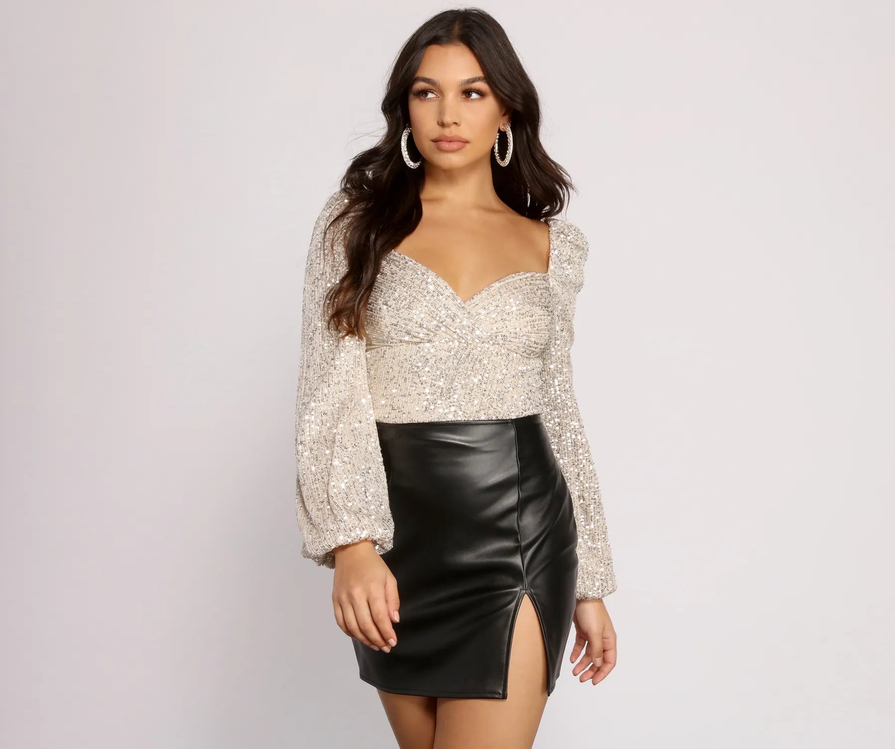 Sexy deep V tight top for women with plunging neckline and sleek fit-All that Glow Puff Sleeve Sequin Bodysuit