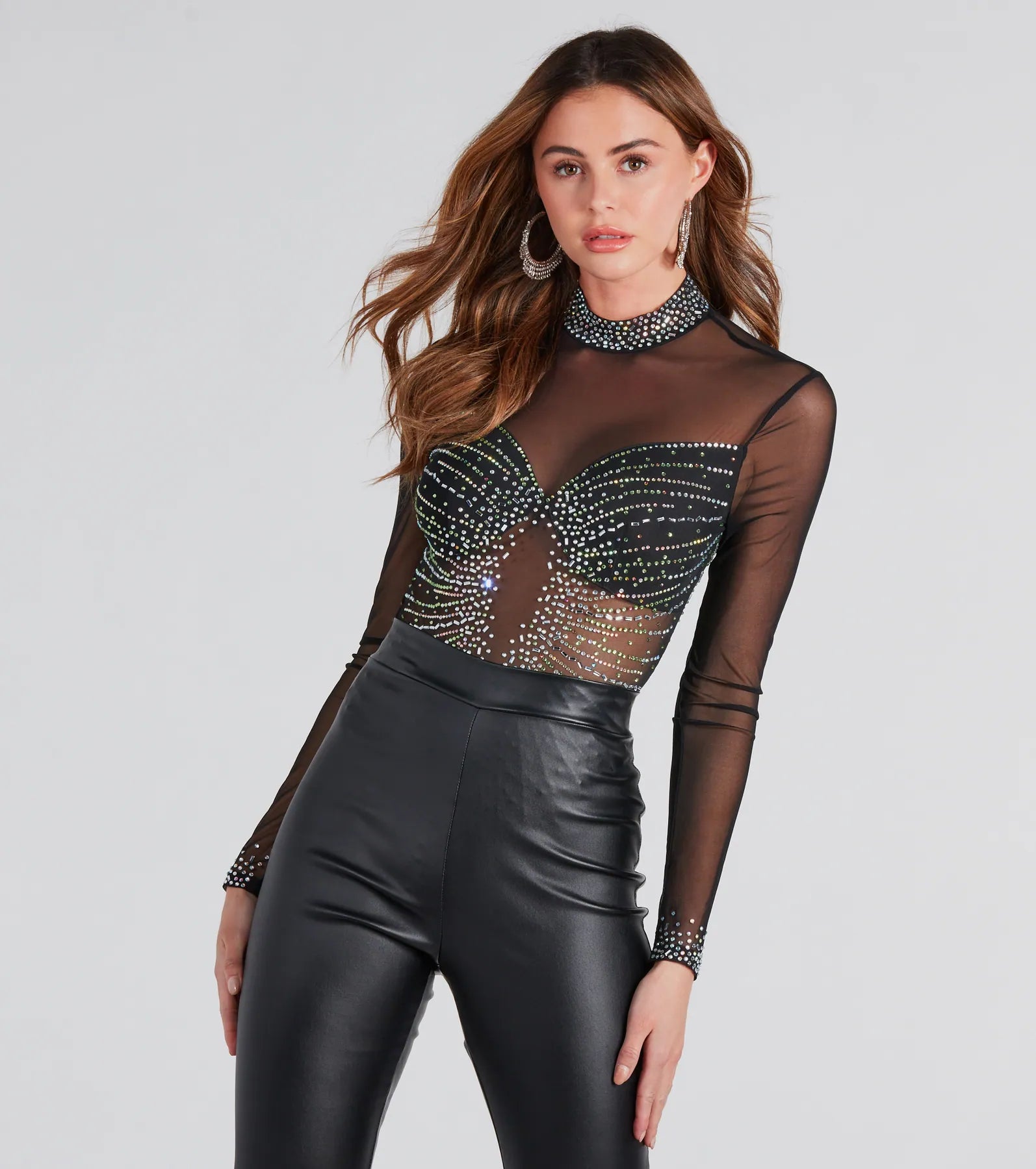 Stylish ribbed tight top for women with stretchy material and chic details-Rising Star Rhinestone Mock Neck Mesh Bodysuit