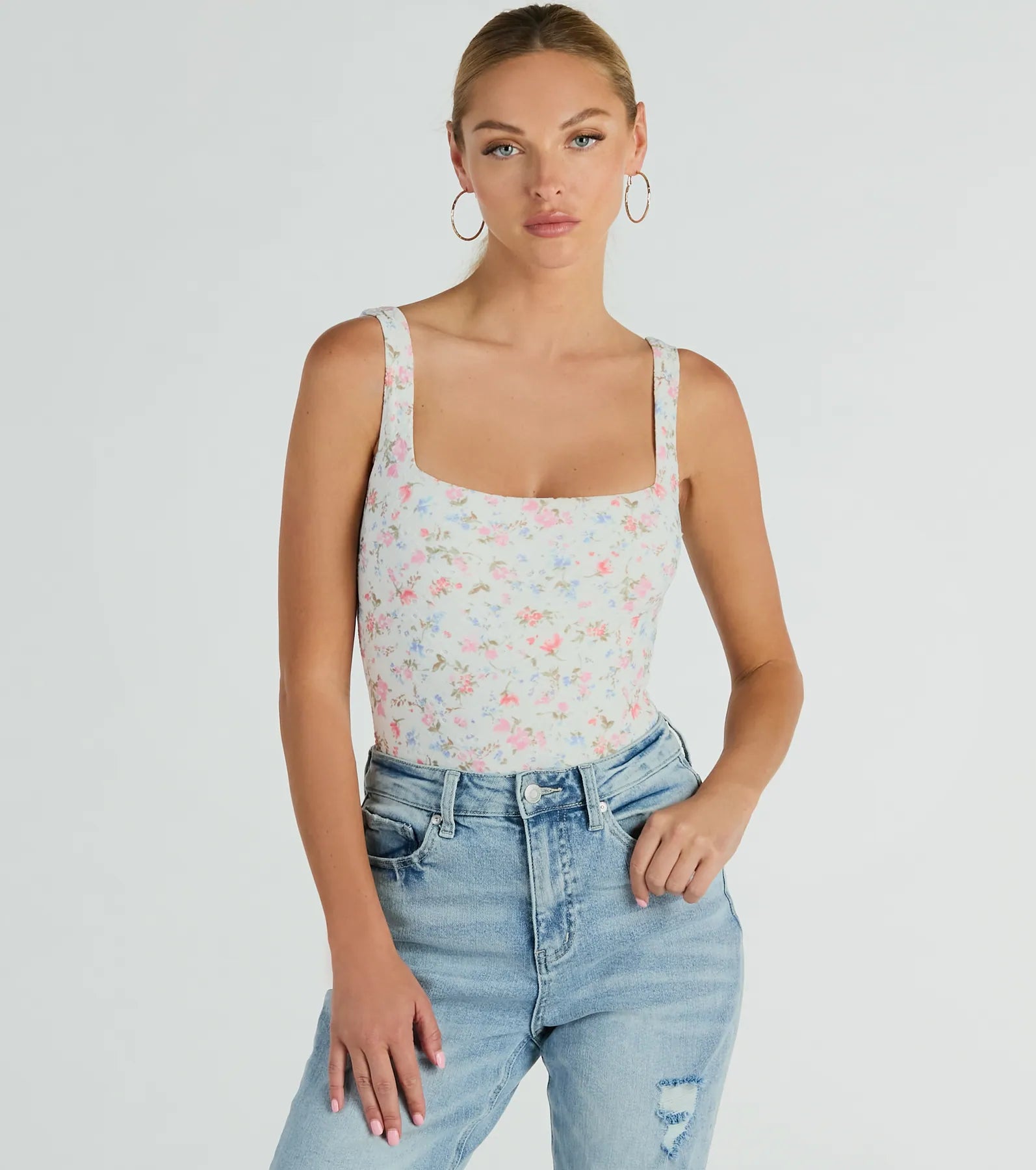 Simple tight top for women with minimalist style and comfortable fit-Stylish Imagination Square Neck Eyelet Floral Bodysuit