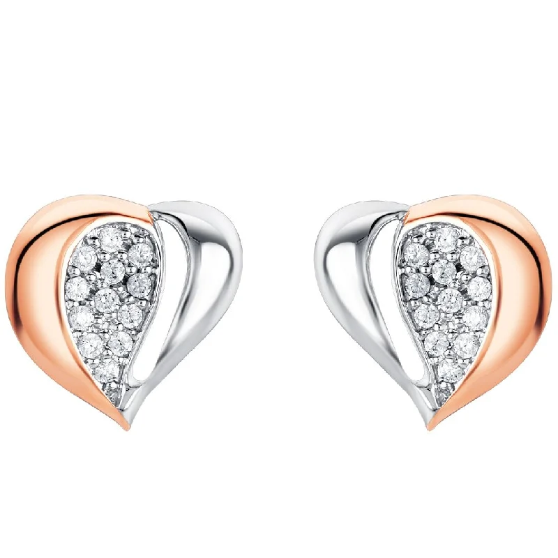 Drop Earrings for Anniversary -Two-Tone Sterling Silver Cubic Zirconia Embellished Heart Earrings