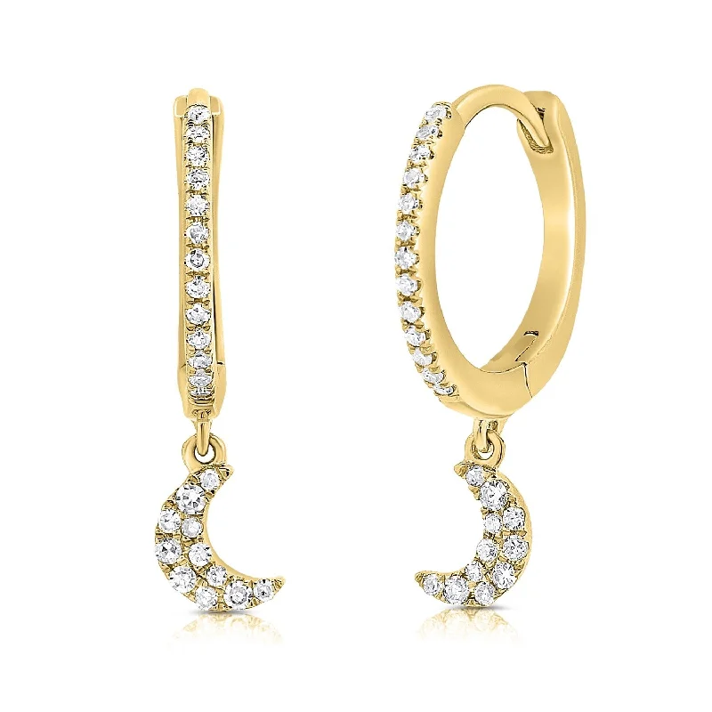 Drop Earrings for Gym Workout -Joelle Collection Diamond Moon Huggie Hoop Earrings 14 Gold