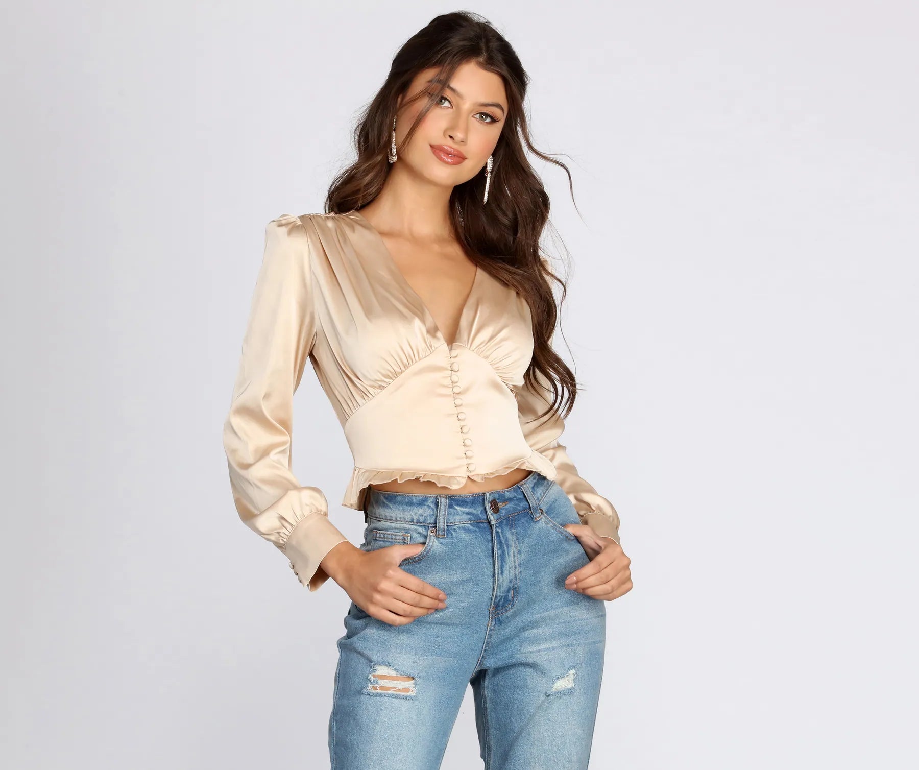 Clip On Blouses for Non Pierced -Button Detail Satin Blouse