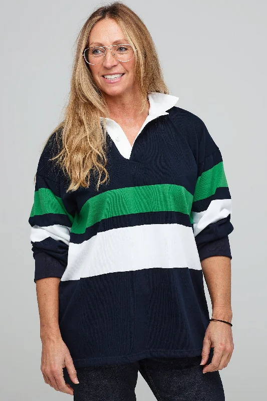 Nursing Blouses for Mothers -Chest Stripe Rugby Shirt - Navy/Ecru/Bottle Green