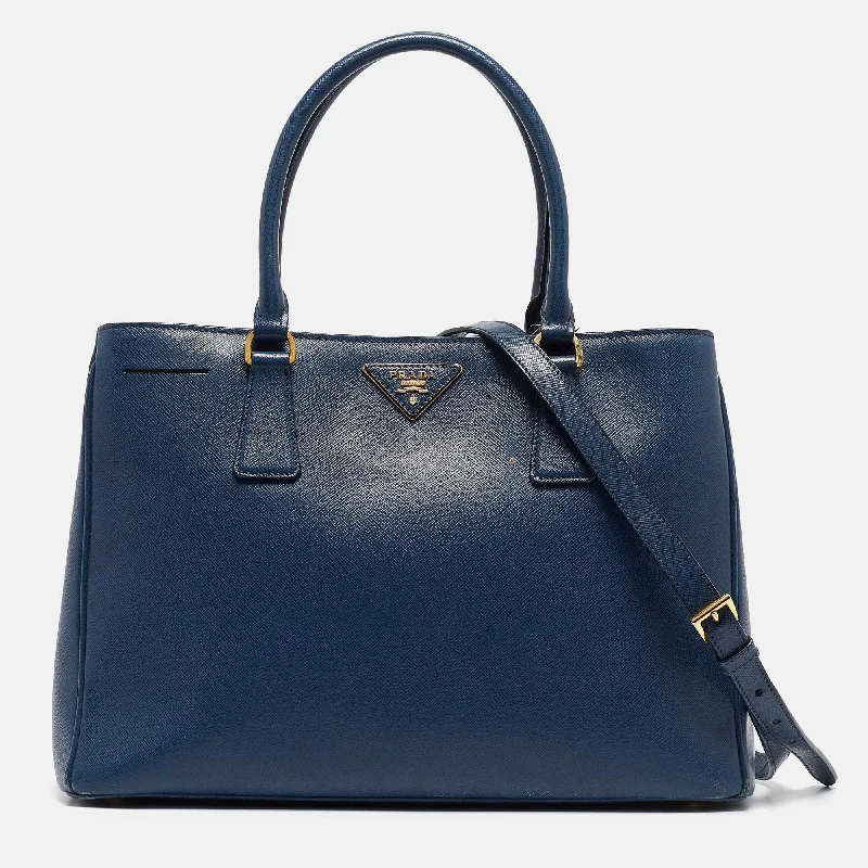 Waterproof handle bags ideal for rainy weather -Prada Navy Blue Saffiano Lux Leather Small Middle Zip Tote