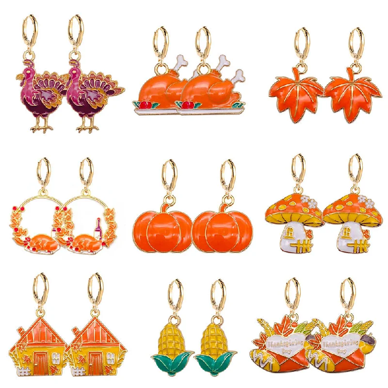 Drop Earrings with Floral Motifs -Wholesale Thanksgiving Turkey Pumpkin Maple Leaf Chinese Restaurant Earrings