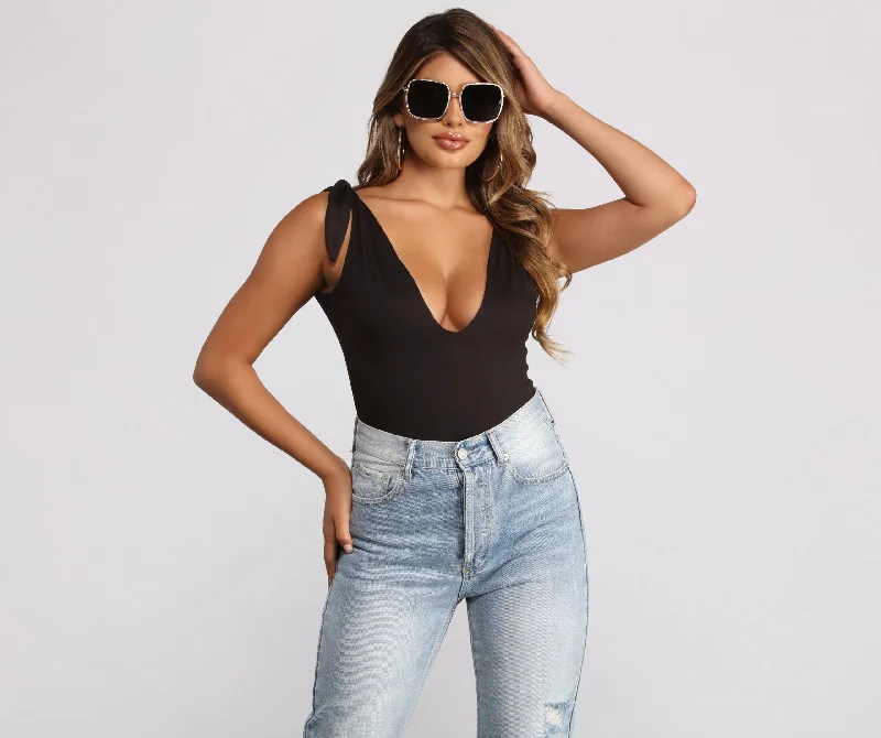 Ribbed tight top for women with textured fabric and body-shaping fit-Plunging Tie Strap Basic Bodysuit