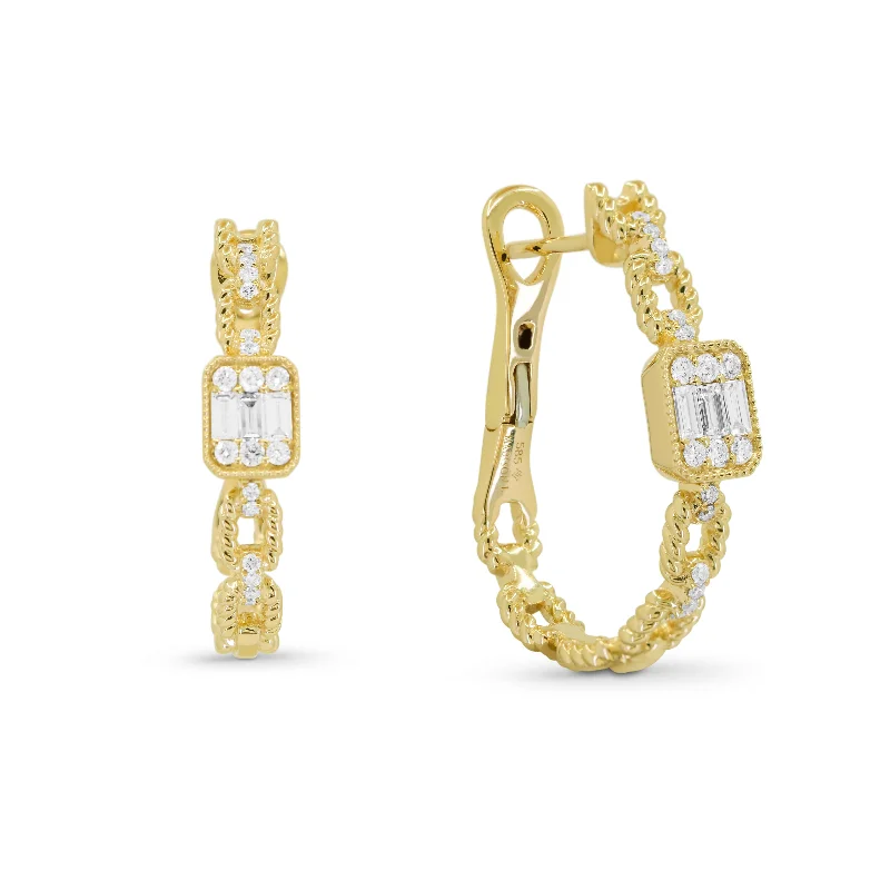 Drop Earrings with Filigree Work -0.21Ct White Diamond Hoops Earrings In 14K Yellow Gold