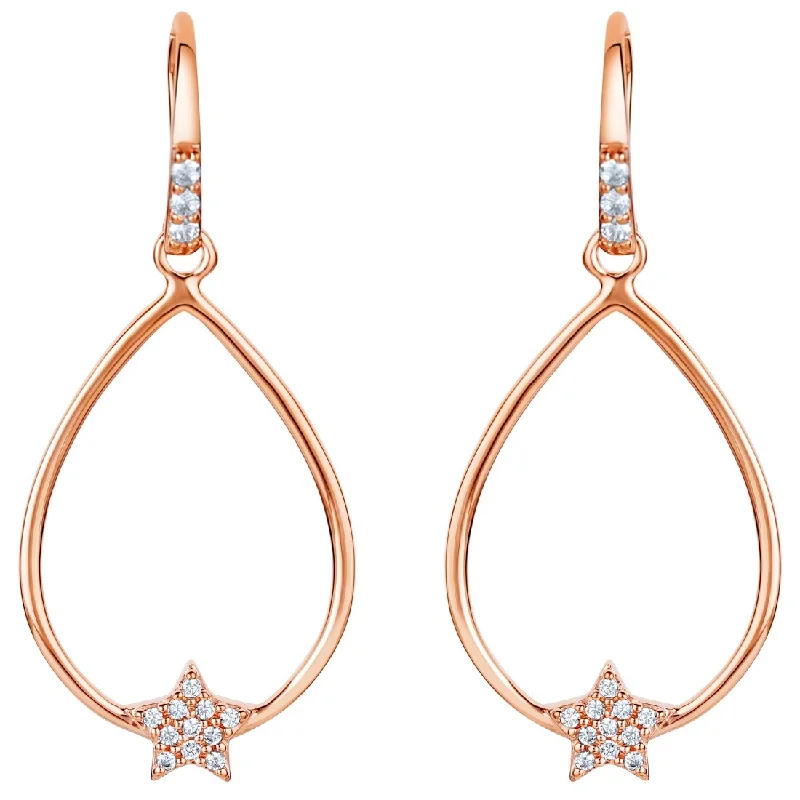 Drop Earrings with Debossed Designs -Rose-Tone Sterling Silver Cubic Zirconia Floating Star Charm Earrings