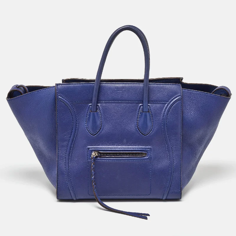 Handle bags with soft velvet for luxury -Celine Blue Leather Medium Phantom Luggage Tote