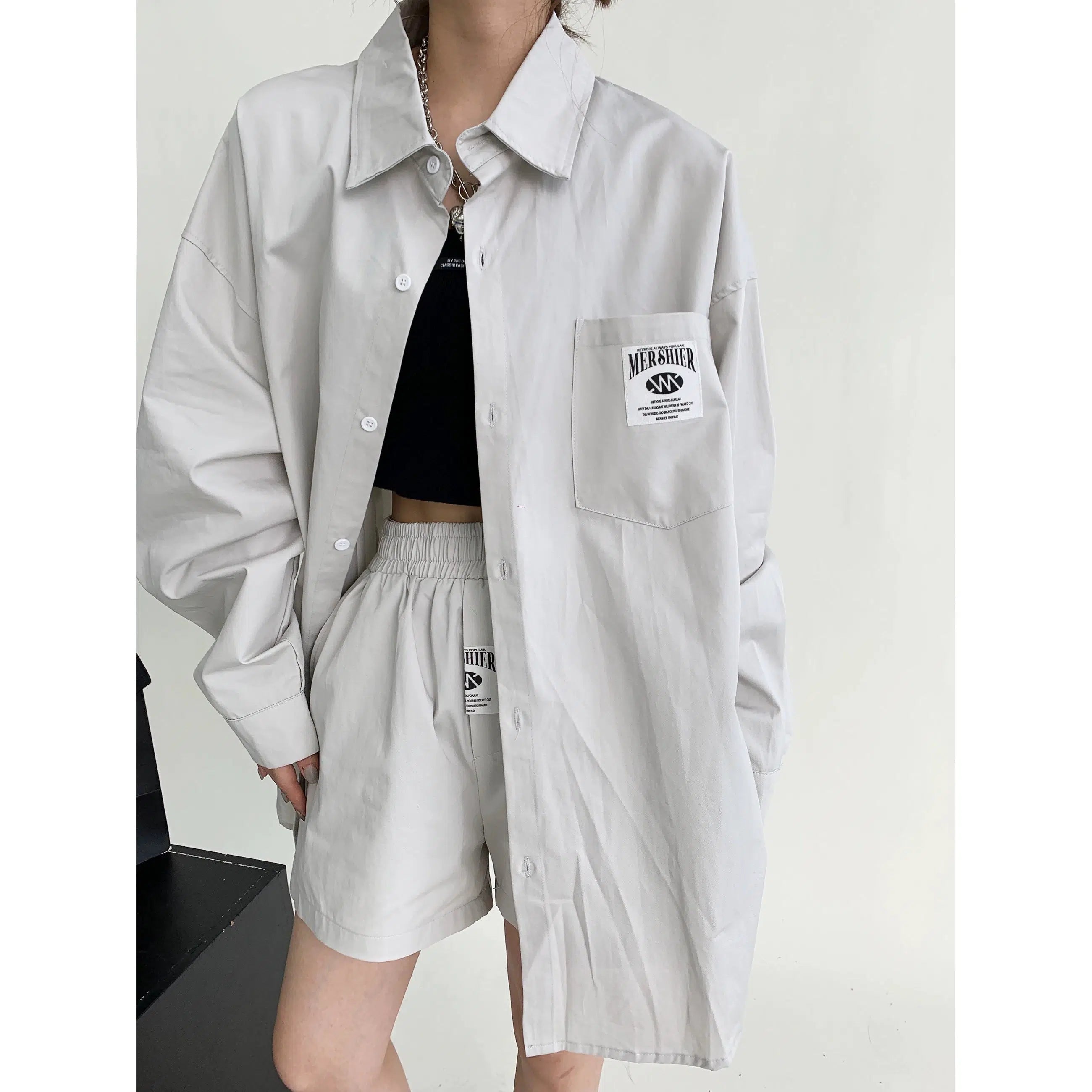 Detachable Blouses with Parts -Relaxed Fit Button-Up Shirt Shorts Set