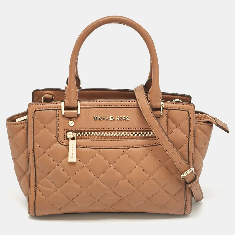 Handle bags with seasonal prints for holidays -Michael Kors Brown Quilted Leather Selma Satchel