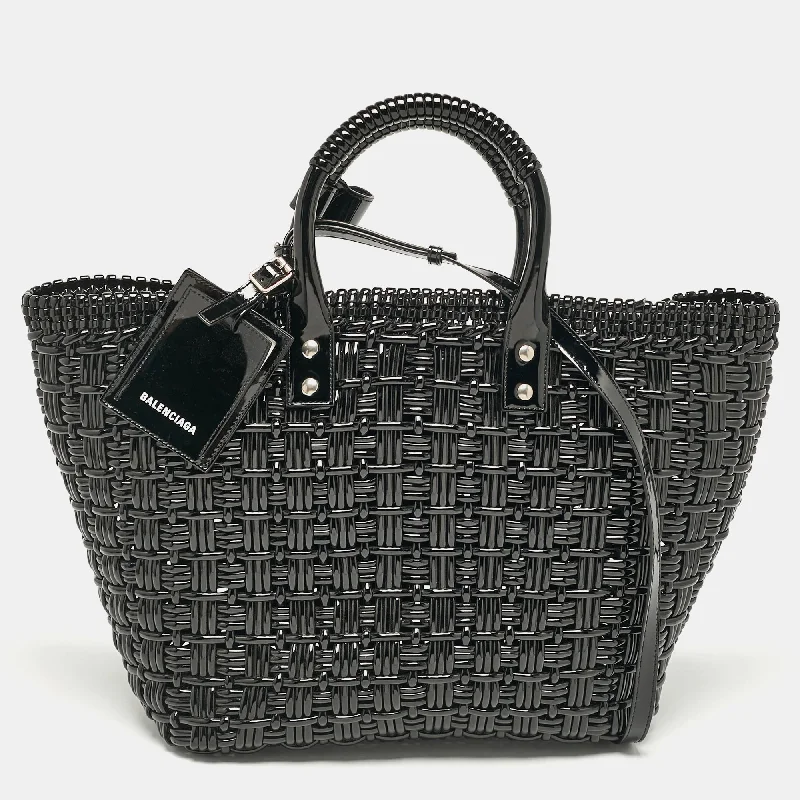 Canvas handle bags perfect for casual outings -Balenciaga Black Varnished Faux Leather Large Bistro Basket Tote