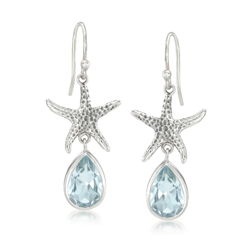 Drop Earrings with Animal Motifs -Ross-Simons Sky Blue Topaz Bali-Style Starfish Drop Earrings in Sterling Silver