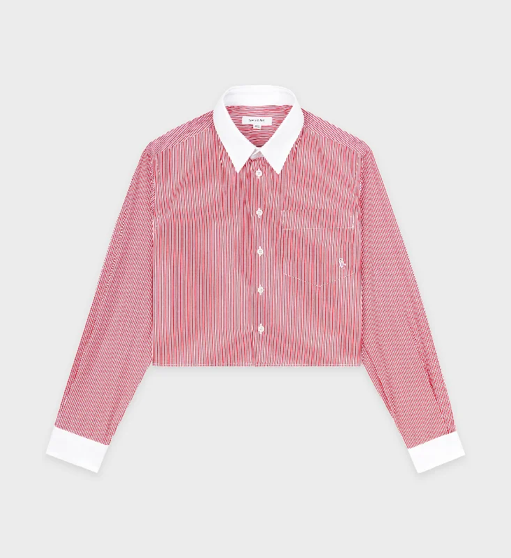 Satin Blouses for Luxurious -SRC Cropped Shirt - White/Red Stripe