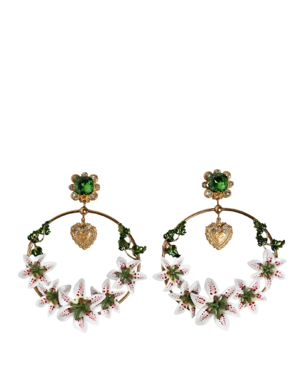 Drop Earrings with Embossed Patterns -Dolce & Gabbana  Tone Brass Crystals Lily Resin Devotion Women's Earrings