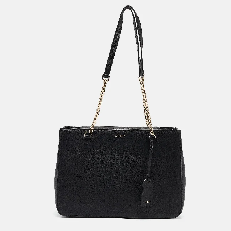 Handle bags with suede accents for texture -Dkny Black Leather Bryant Park Chain Tote