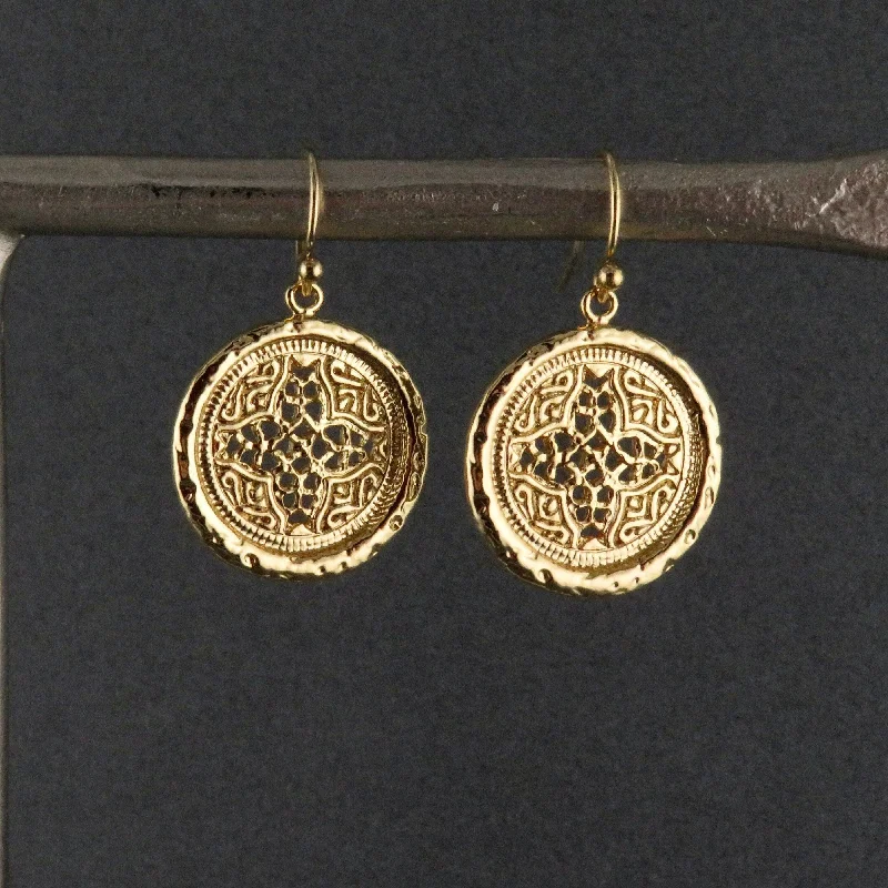 Heavy Duty Drop Earrings for Durability -Gold Patterned Disc Earrings