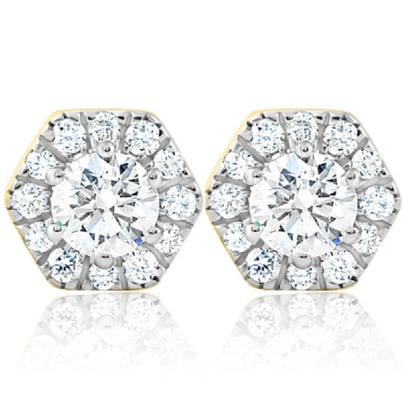 Drop Earrings with Animal Motifs -1Ct TW Diamond Studs Hexagon Halo Lab Grown Earrings White or Yellow Gold