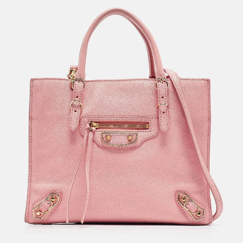 Handle bags with neutral leather for elegance -Balenciaga Pink Leather Mini Metallic Edge Papier A4 Tote