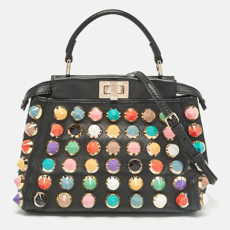 Handle bags with wide openings for access -Fendi Black Leather Multicolor Studs Mini Peekaboo Top Handle Bag