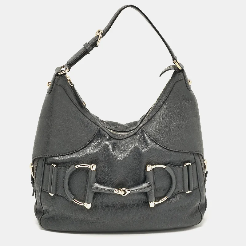 Handle bags with elegant gold-tone hardware -Gucci Dark Grey Leather Medium Web Horsebit Heritage Hobo