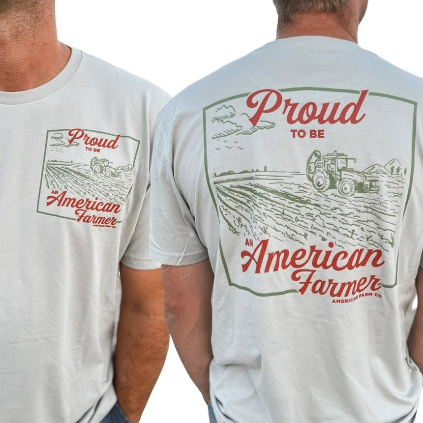 Flannel Shirts for Cozy -American Farm Co. "Proud American Farmer" T-Shirt in Stone Grey