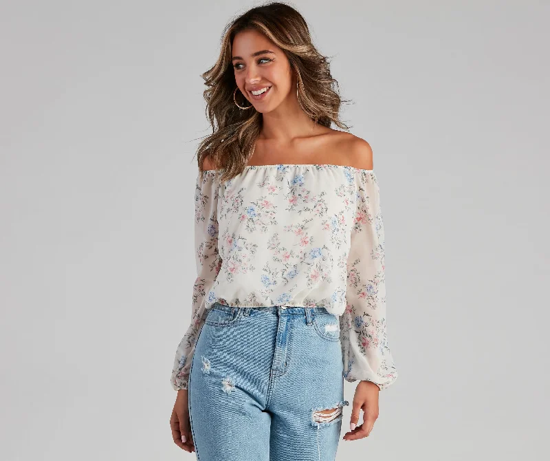 Long Sleeve Blouses for Coverage -Flower Bundles Chiffon Blouse