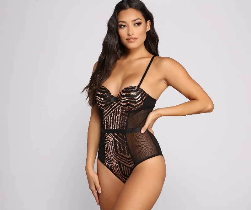 Vintage tight top for women with retro flair and flattering fit-Dreamy Sequin Mesh Bodysuit