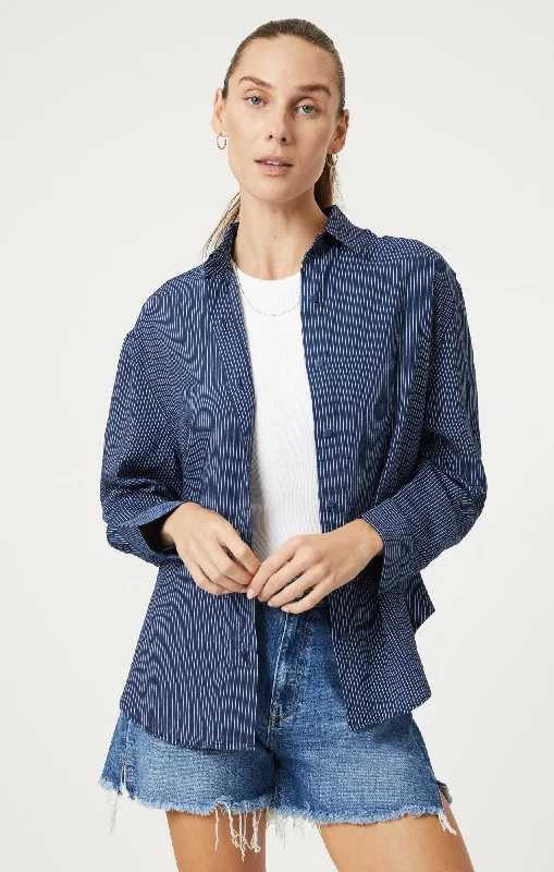 Bohemian Blouses with Tassels -BUTTON-UP LONG SLEEVE SHIRT IN NAVY STRIPED