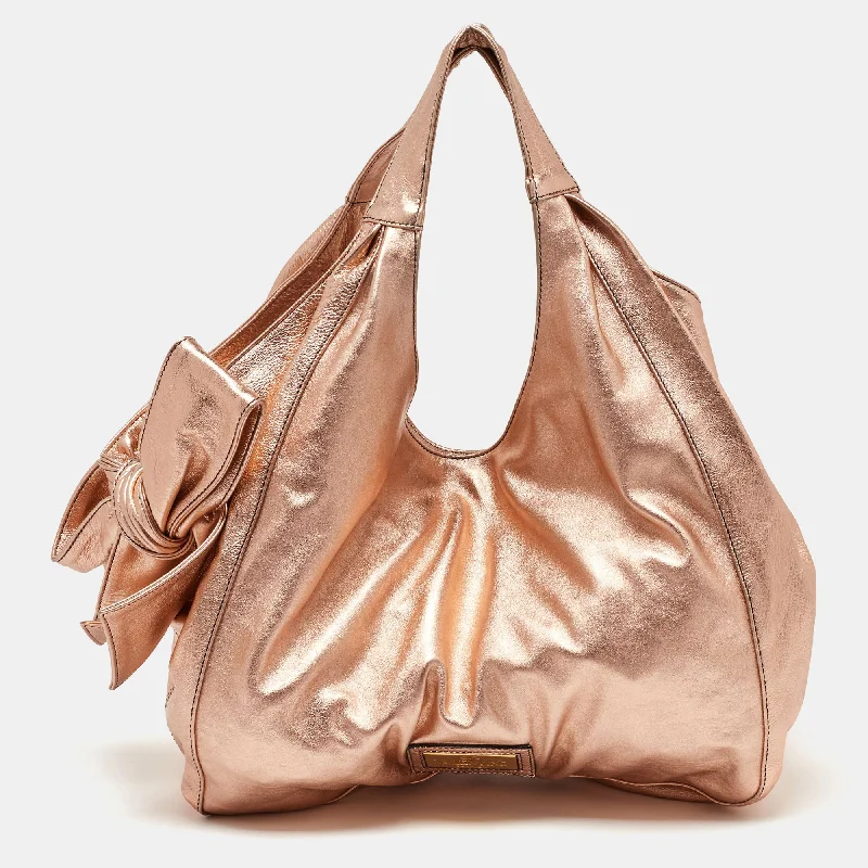 Handle bags with expandable sides for flexibility -Valentino Metallic Rose Gold Leather Nuage Bow Hobo