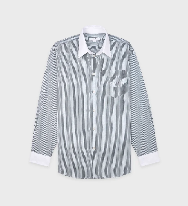 Minimalist Blouses for Simplicity -S.R. Sport Oversized Shirt - Forest Striped